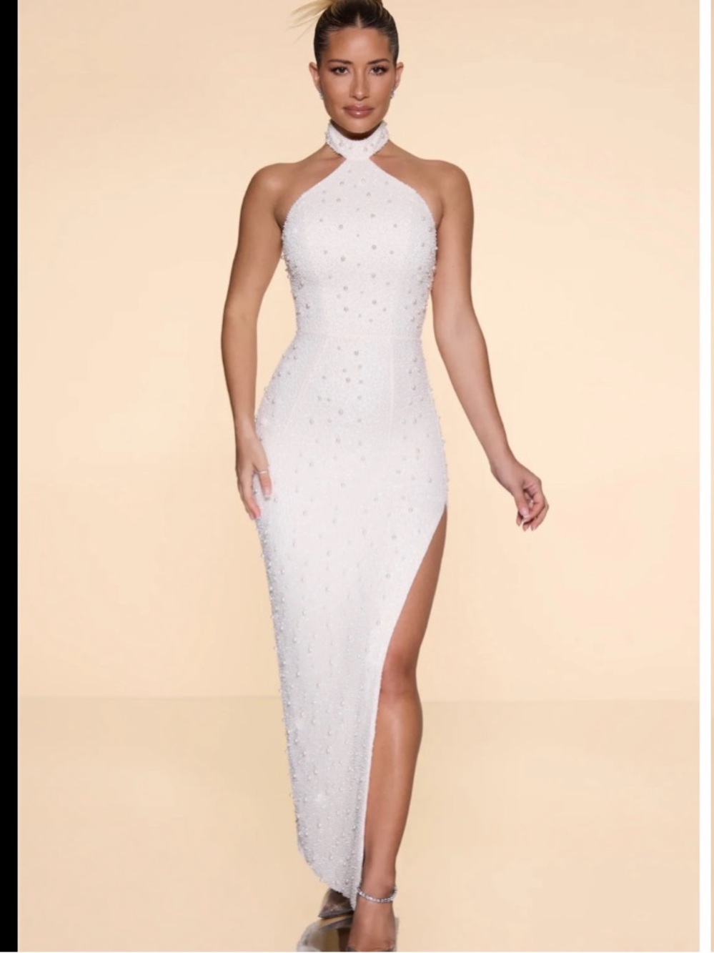 Oh Polly White Embellished Halter Maxi Dress with Side Slit